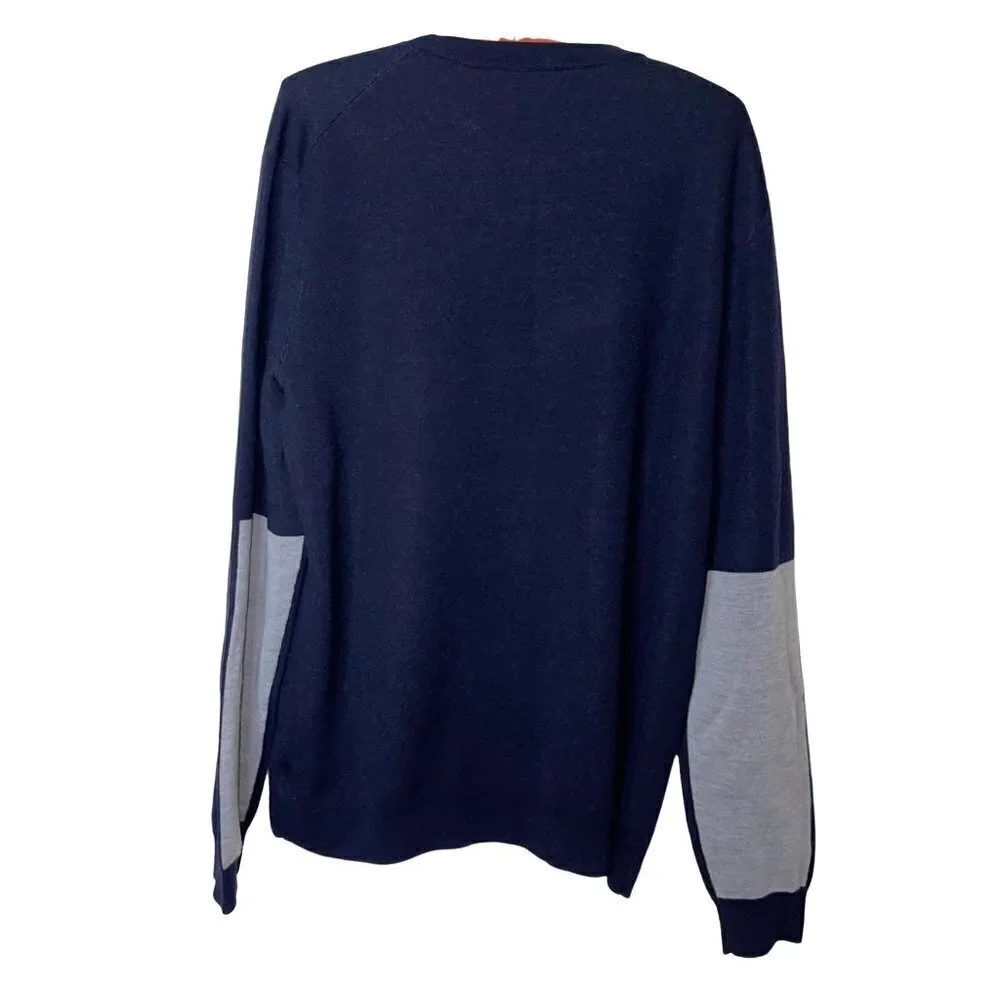 Theory Mens Sweater Blue Gray Size XL Wool Spandex Colorblock Sleeve Crew Neck